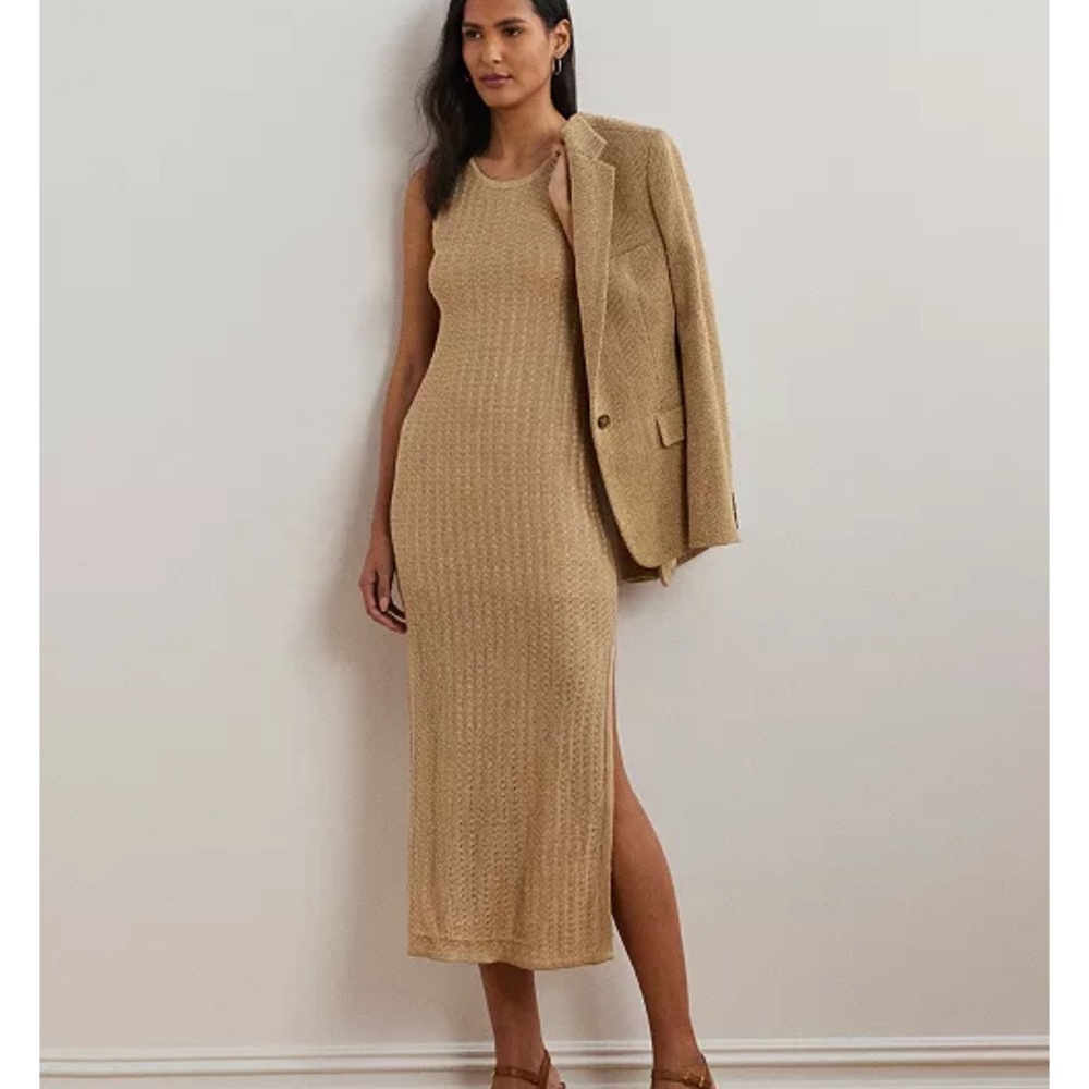 Ralph Lauren Sleeveless Knit Midi Dress NWT L Beige Preppy Old Money Style